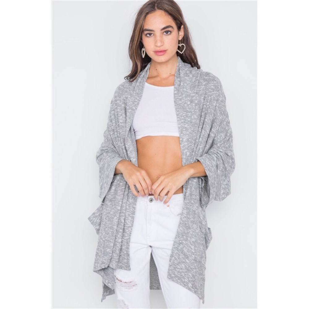 CHARCOAL HEATHERED OPEN FRONT SOFT CASUAL CARDIGAN